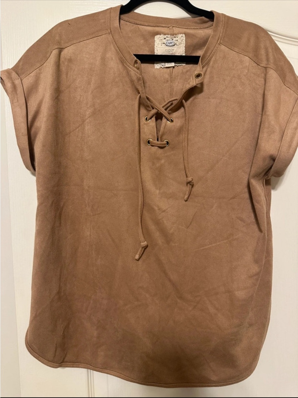 Cupio Suede-Look Lace-Up Short Sleeve Top - Brown
